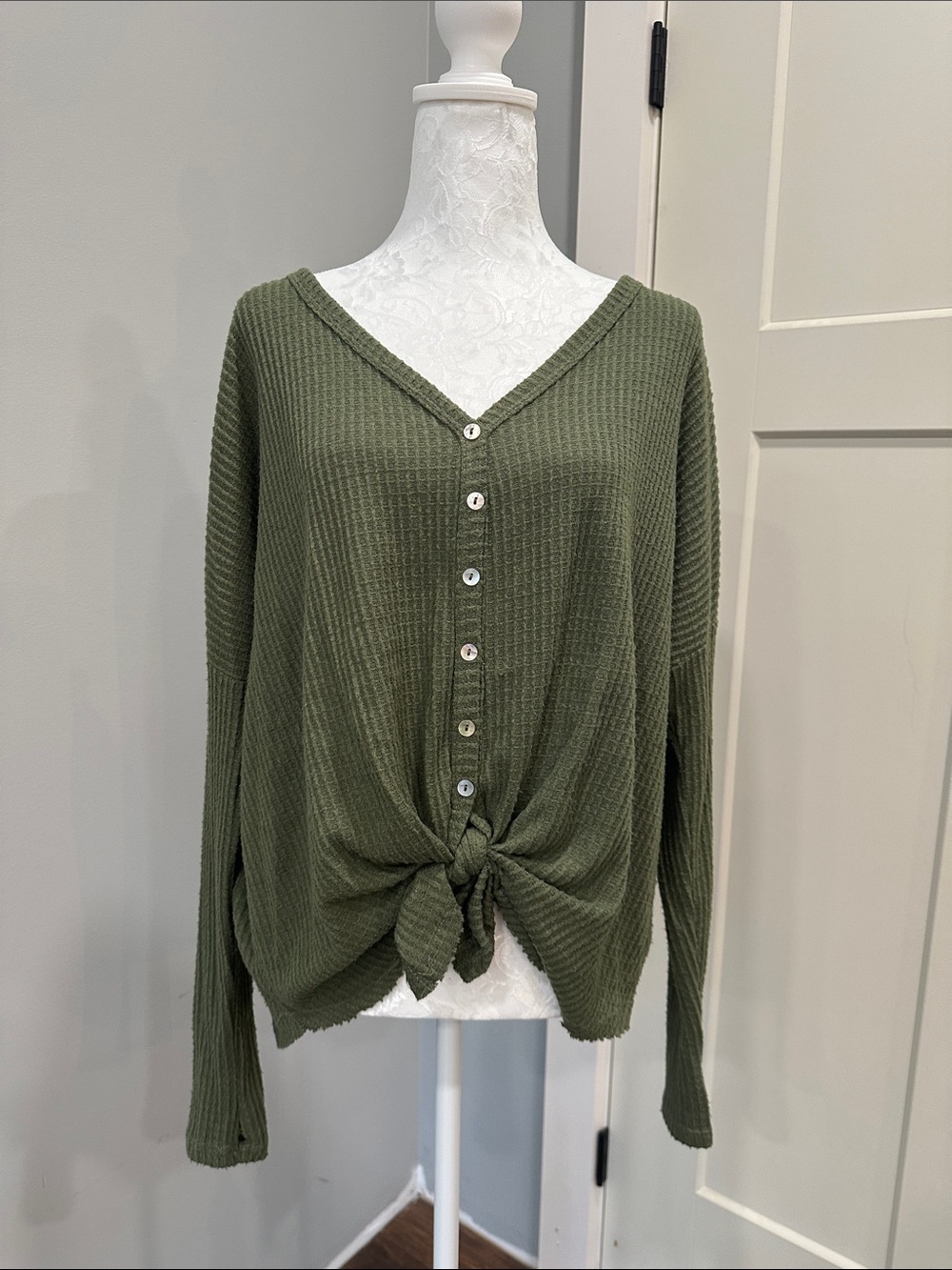 Francesca's Collections Olive Green V-Neck Button Front Tie Sweater